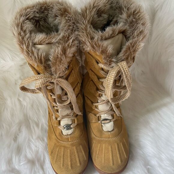 Timberland wheat leather suede &beige nylon lace up Mid calf boots  SZ8.5M - Picture 4 of 9